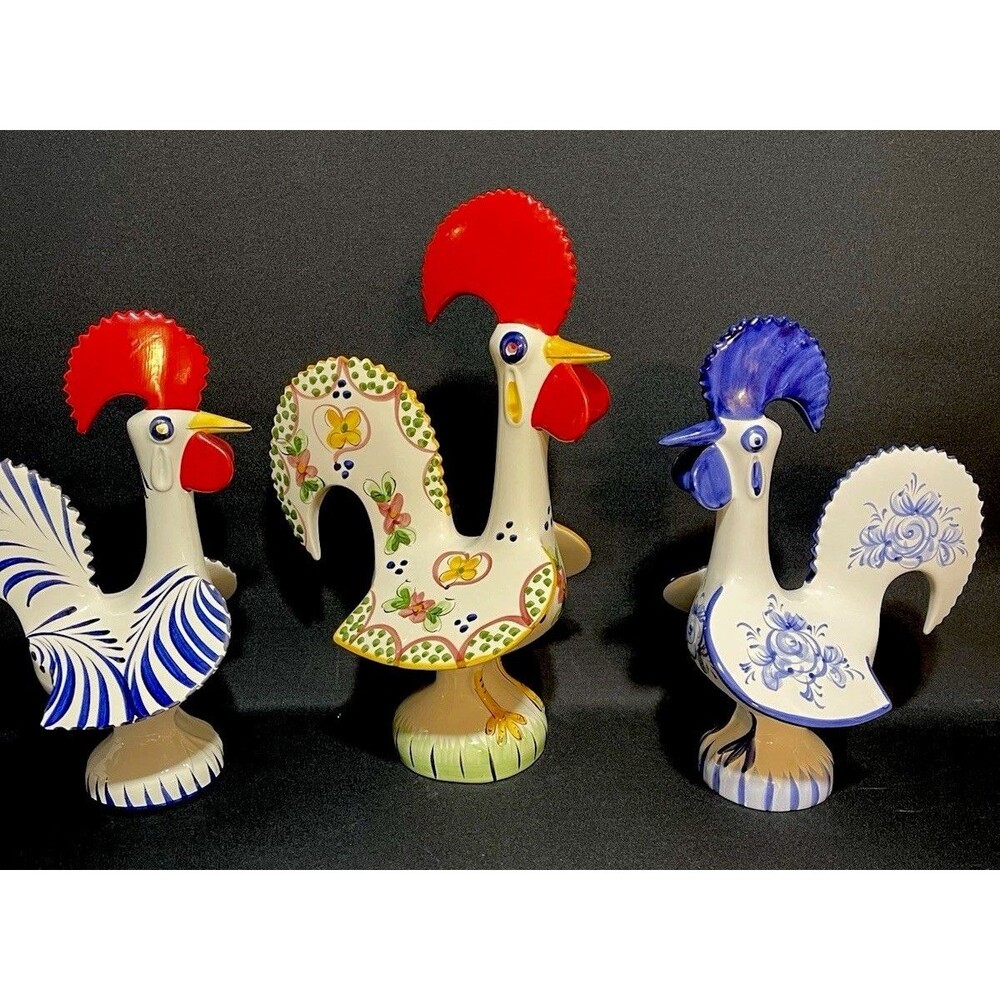 3 Vintage Hand Painted Barcelos Portugese Ceramic Good Luck Roosters Perfect Con